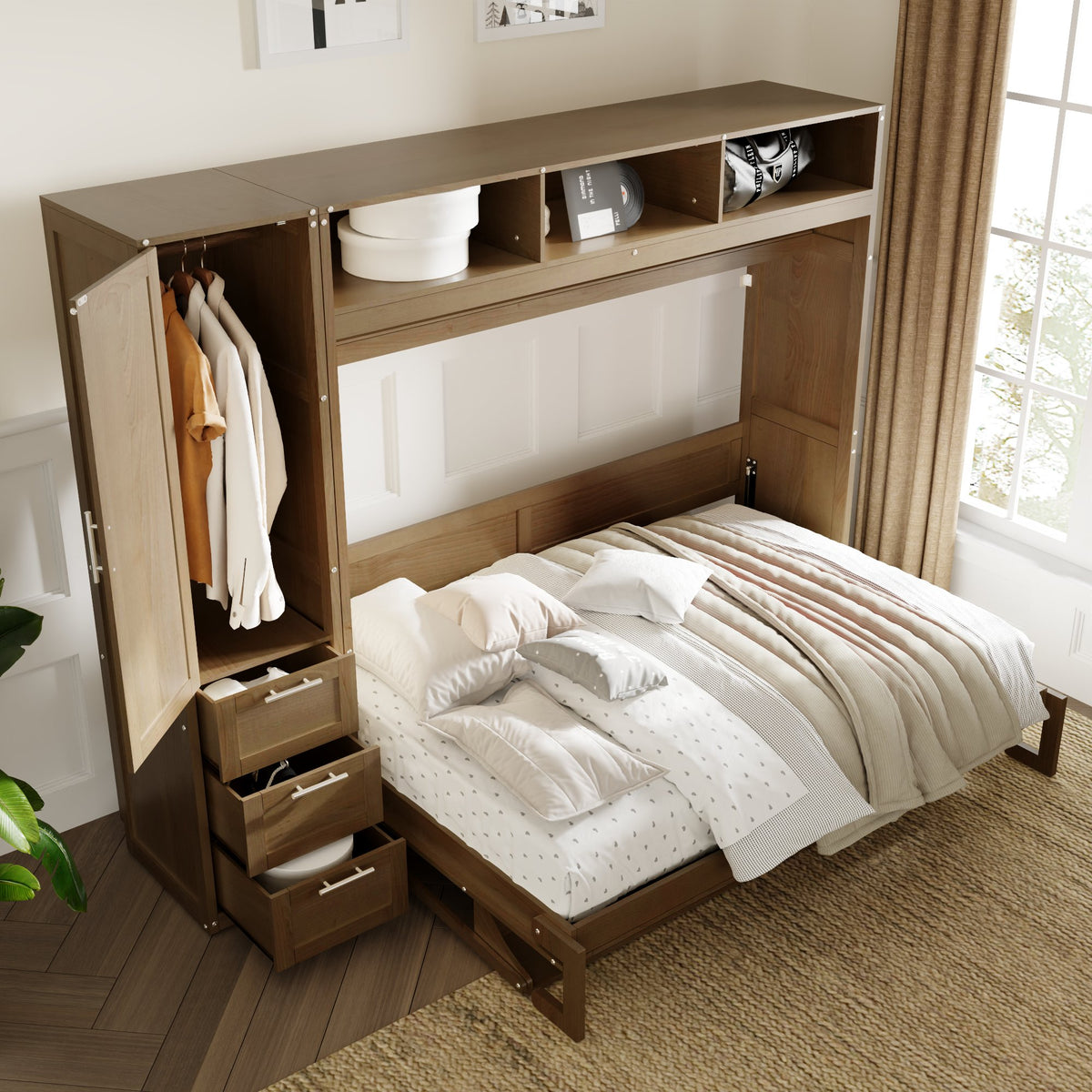Antique Grey Murphy Bed with Storage Drawers