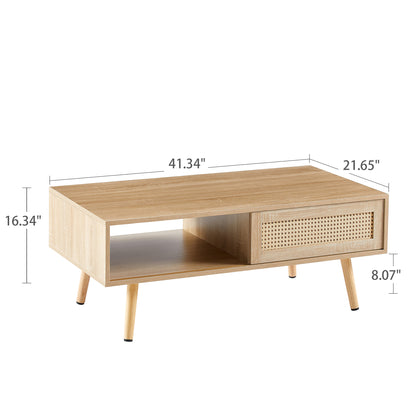 Rattan Coffee Table with Sliding Door Storage