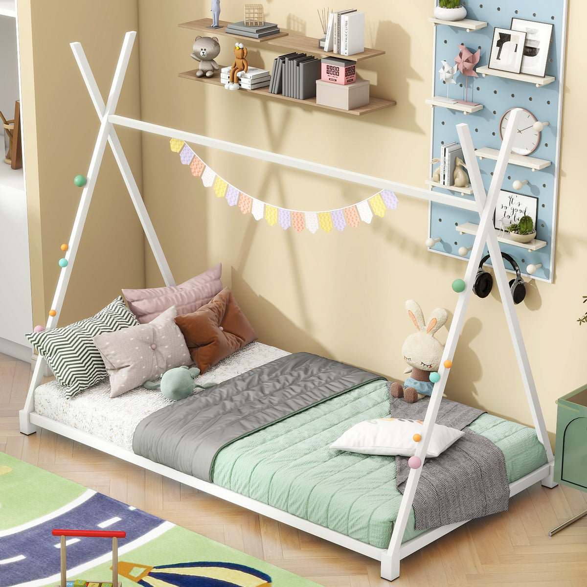 Metal Platform Bed White Triangle Frame