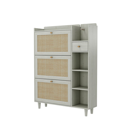 Bohemian Shoe Cabinet with Rattan Shelves White