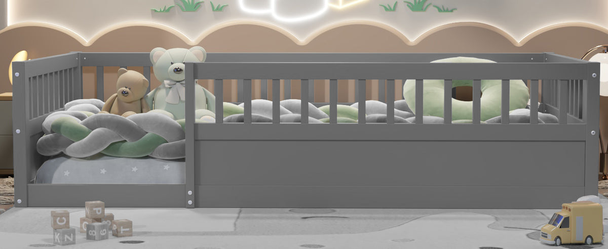 Gray Kids Floor Bed Frame with Fence