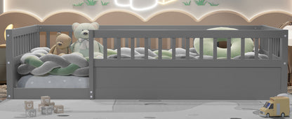 Gray Kids Floor Bed Frame with Fence