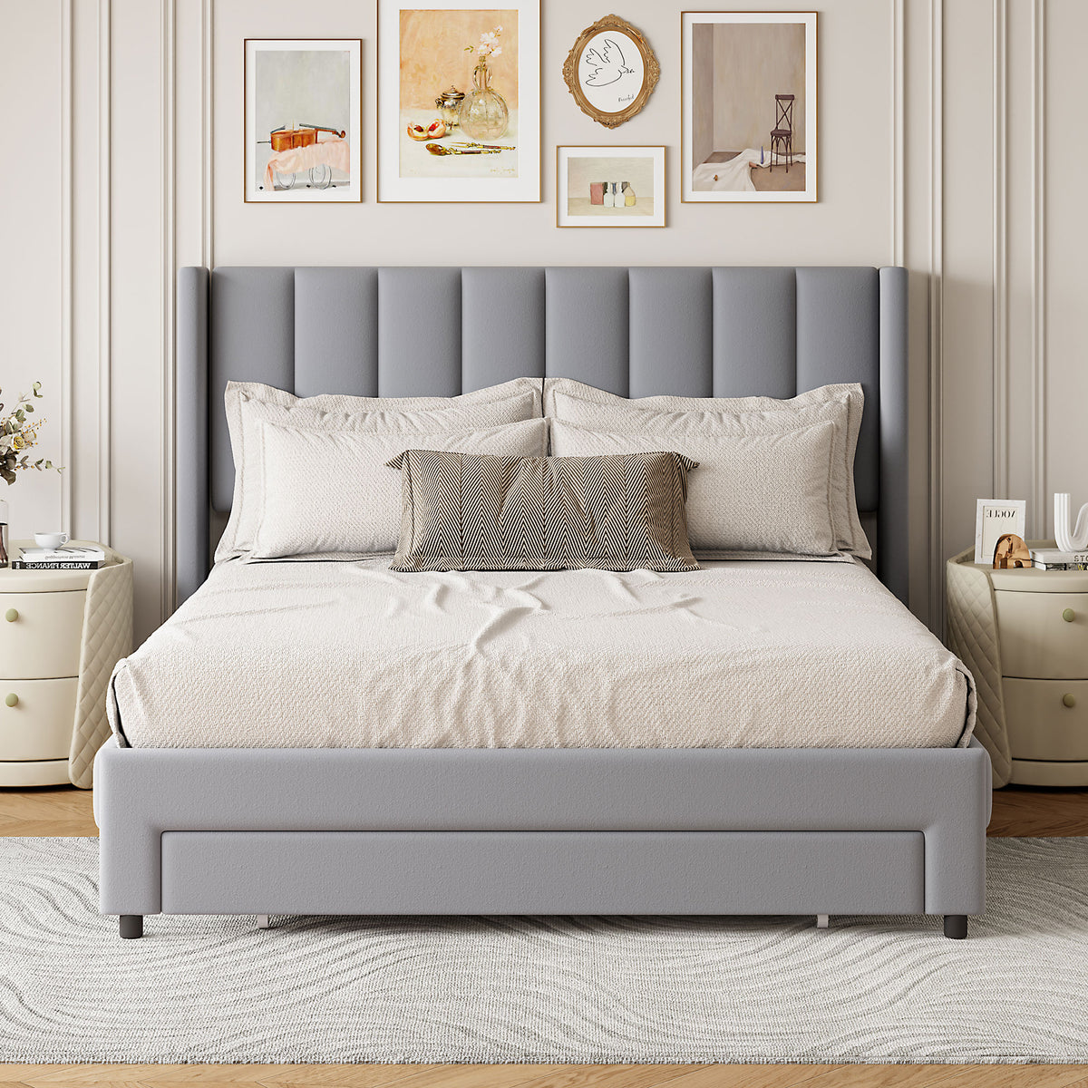 Velvet Platform Bed with Storage Drawer Gray