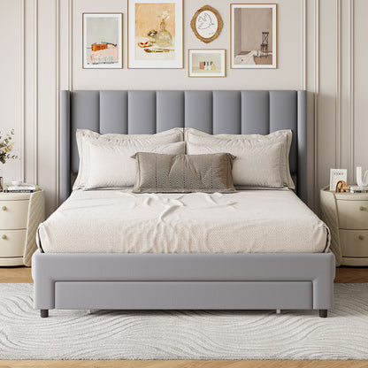 Velvet Platform Bed with Storage Drawer Gray