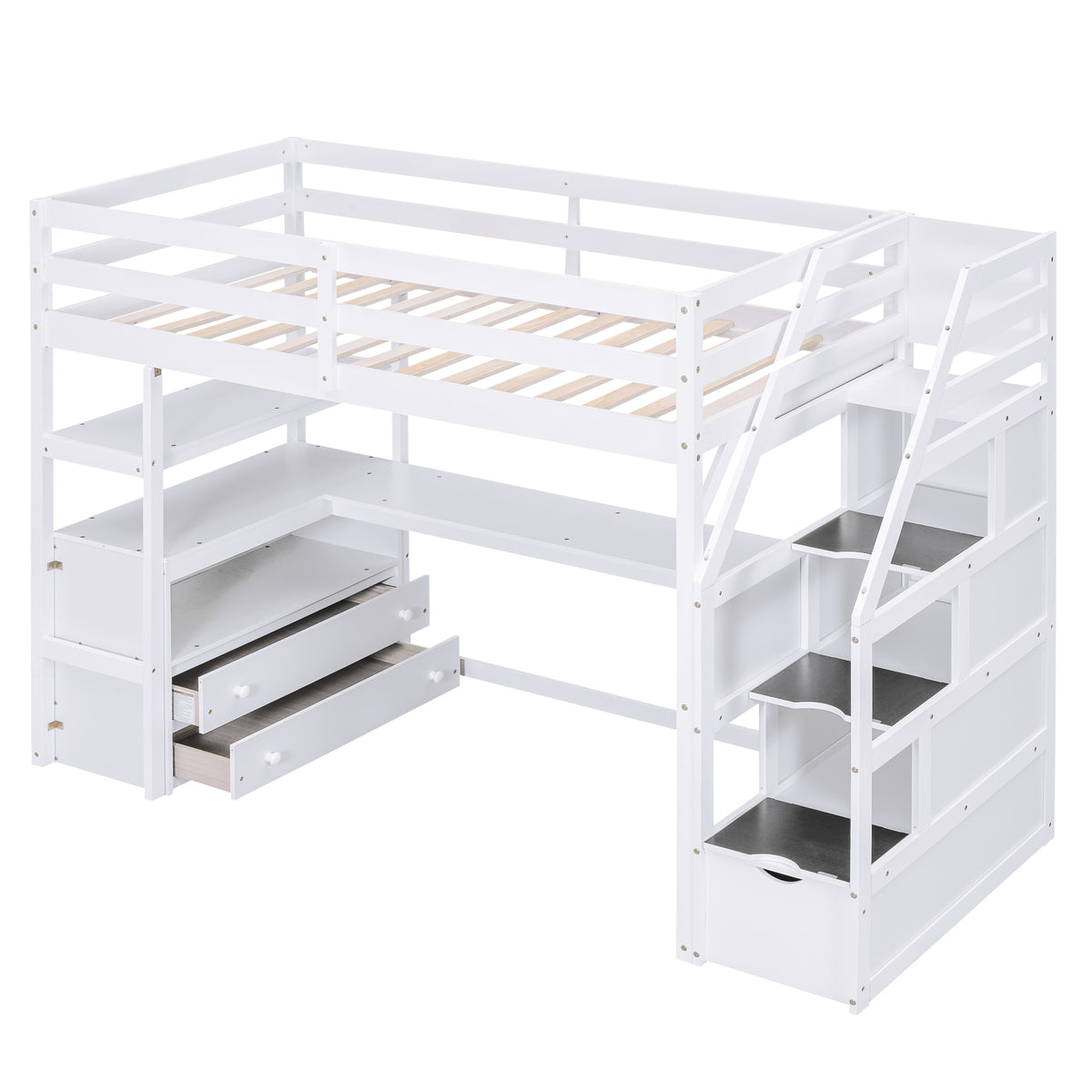 Twin Loft Bed with Storage Staircase White