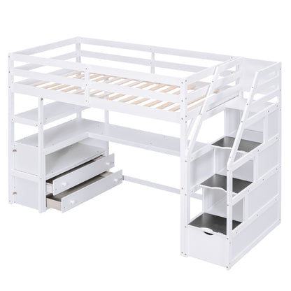 Twin Loft Bed with Storage Staircase White