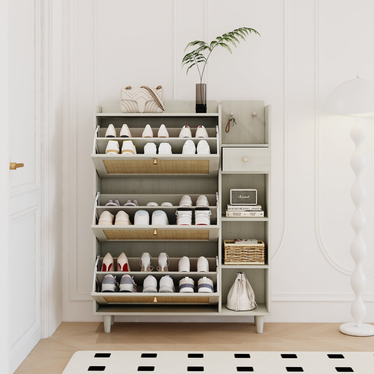 Bohemian Shoe Cabinet with Rattan Shelves White