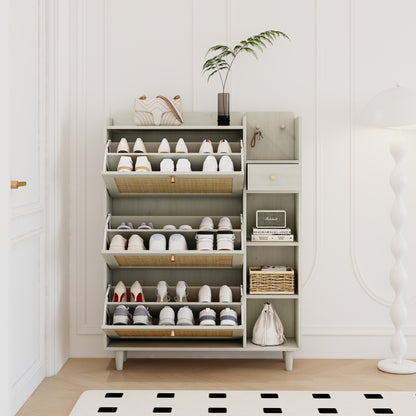 Bohemian Shoe Cabinet with Rattan Shelves White