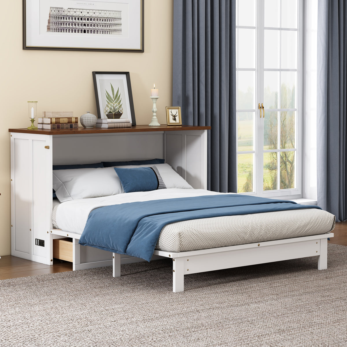 Pine Murphy Bed Queen White Walnut