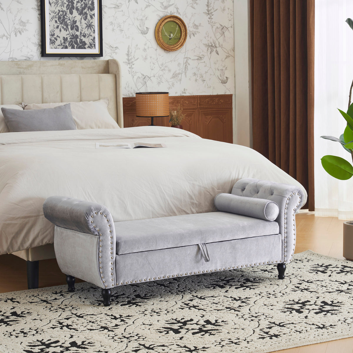 Velvet Storage Ottoman Bench Gray