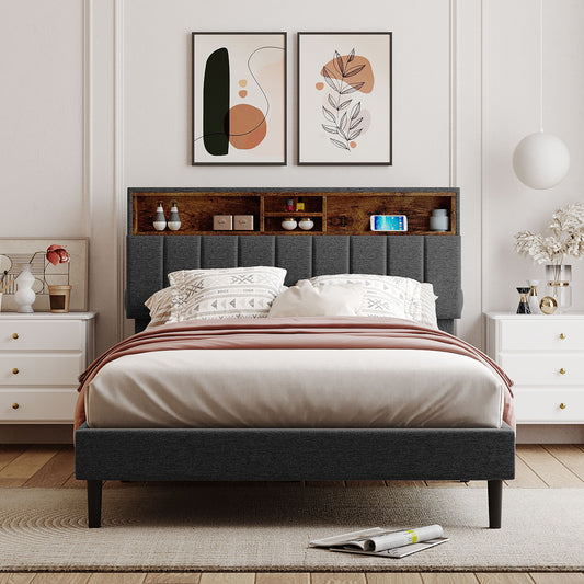 Full Upholstered Storage Bed – Gray Linen