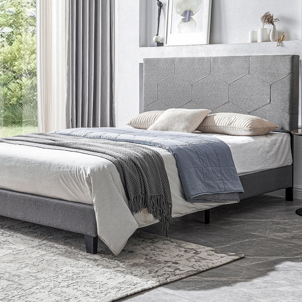 Queen Upholstered Platform Bed – Grey Upholstery