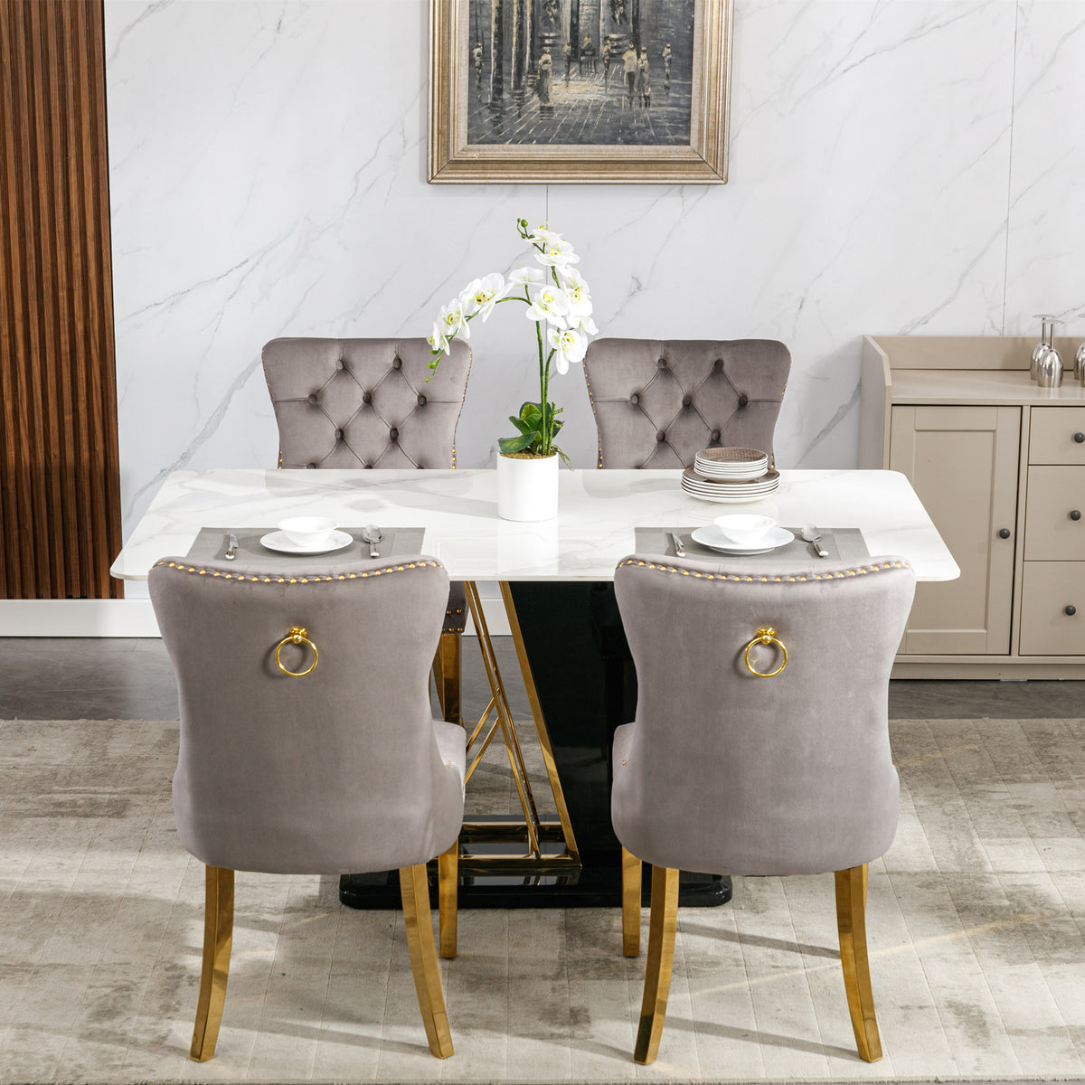 Tufted Velvet Dining Chair Set (2 pcs) – Gray & Gold Legs
