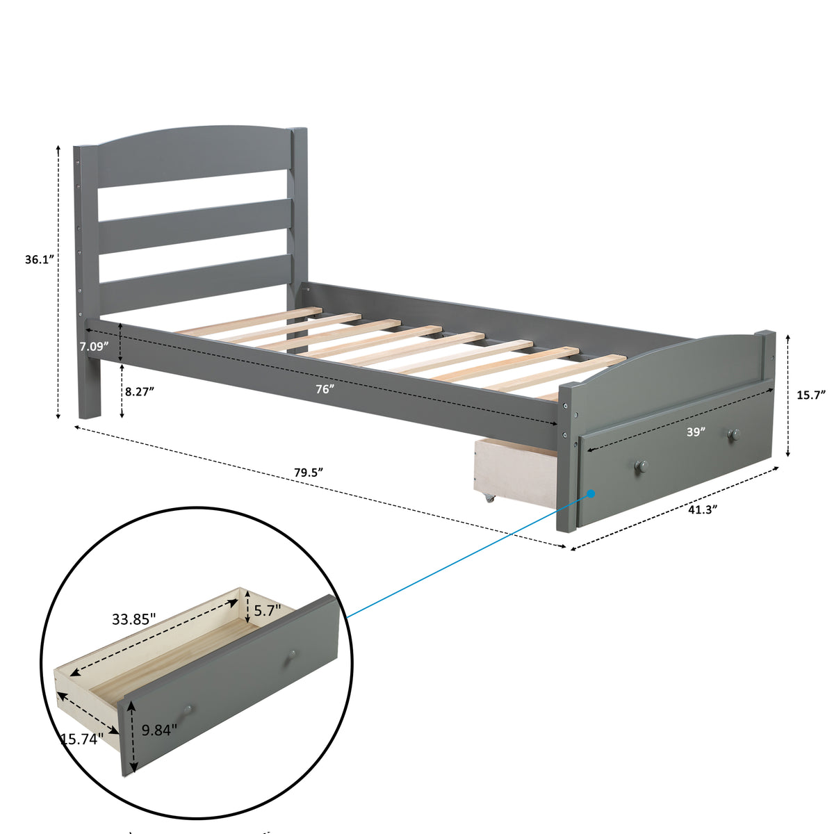 Grey Twin Platform Bed with Storage Drawer