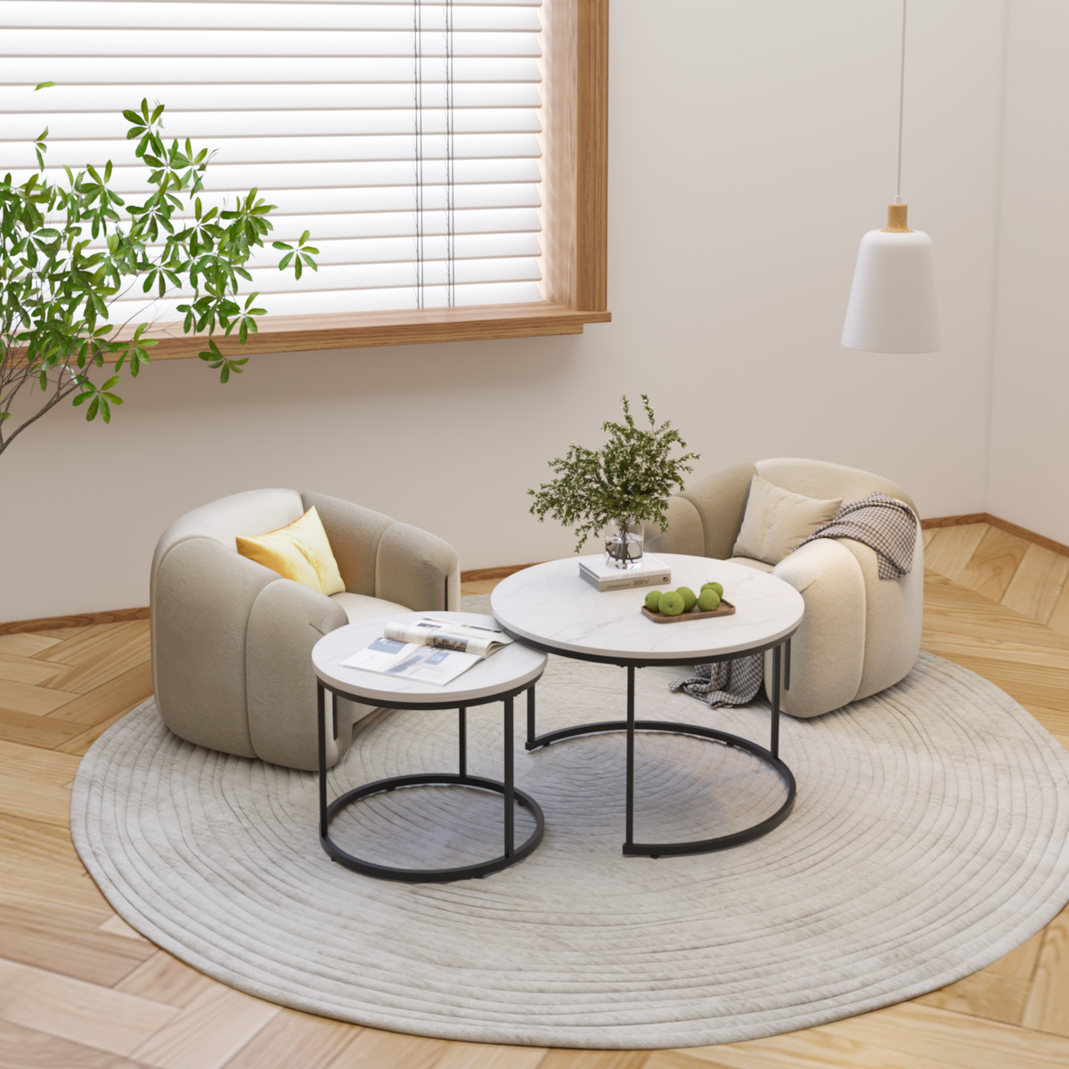 White 2-Piece Round Nesting Coffee Table Set – Marble-Look Wood Top with Metal Frame
