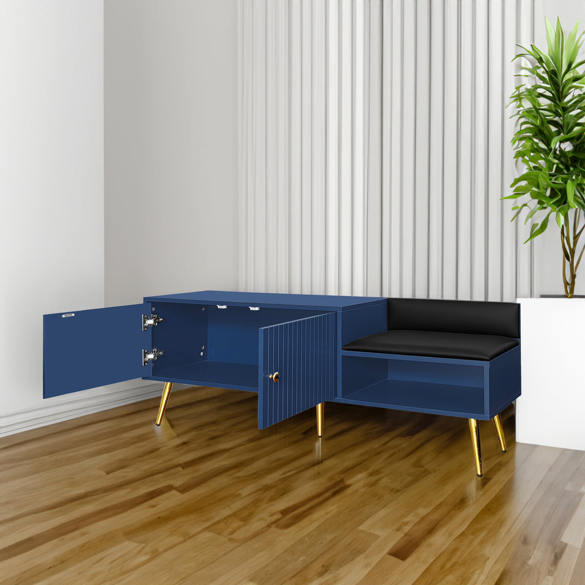 Modern Hidden Storage Bench Navy Upholstered Seat