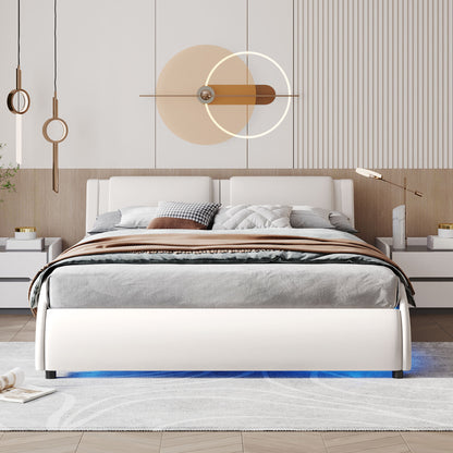 Queen Faux Leather Platform Bed with LED White