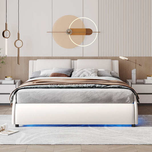 Queen Faux Leather Platform Bed with LED White