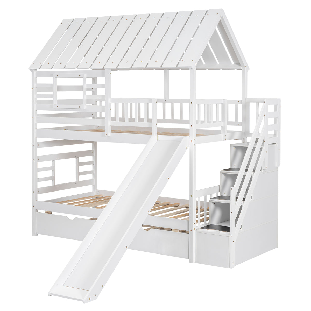 Twin Over Twin Bunk Bed with Roof Staircase White