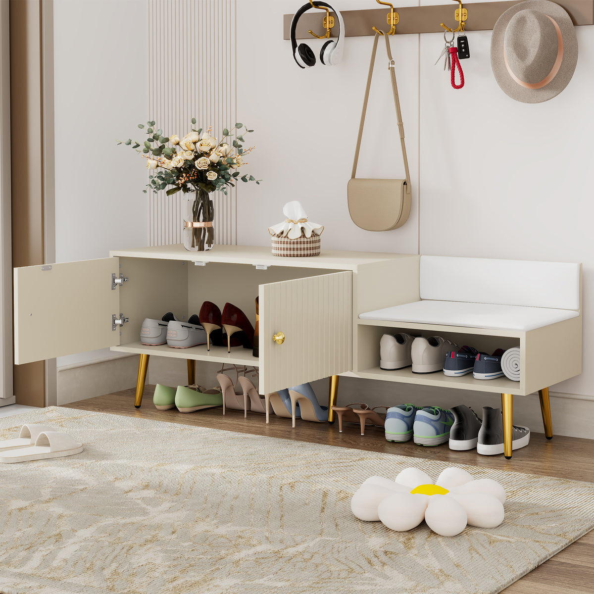 Modern Hidden Storage Bench White Upholstered Seat