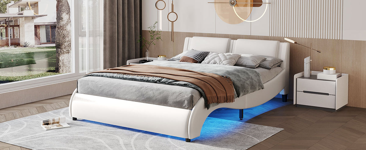 Queen Faux Leather Platform Bed with LED White