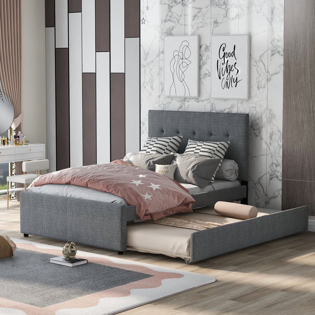 Linen Upholstered Bed with Trundle Full