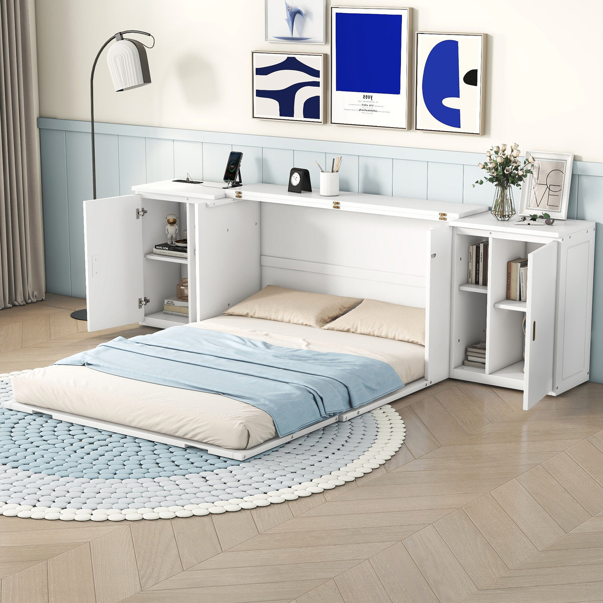 Queen Murphy Bed with USB Ports – White