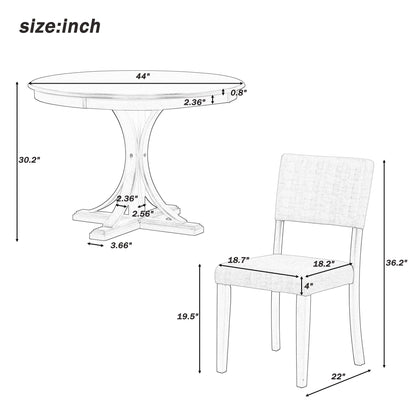 Dark Gray 5-Piece Round Dining Set – Solid Wood Table with Upholstered Chairs