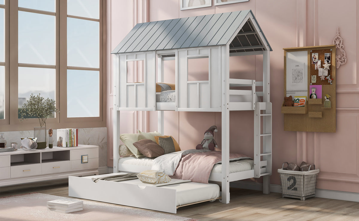 House Bunk Bed with Roof White