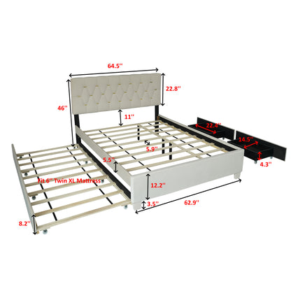 Upholstered Queen Bed with Storage Drawers Beige