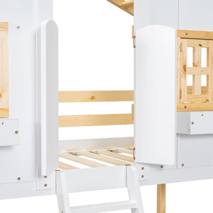 Twin House Bunk Bed Natural White