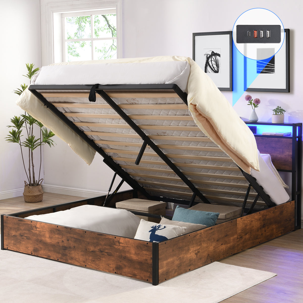 Elevating Platform Bed with LED Headboard Brown