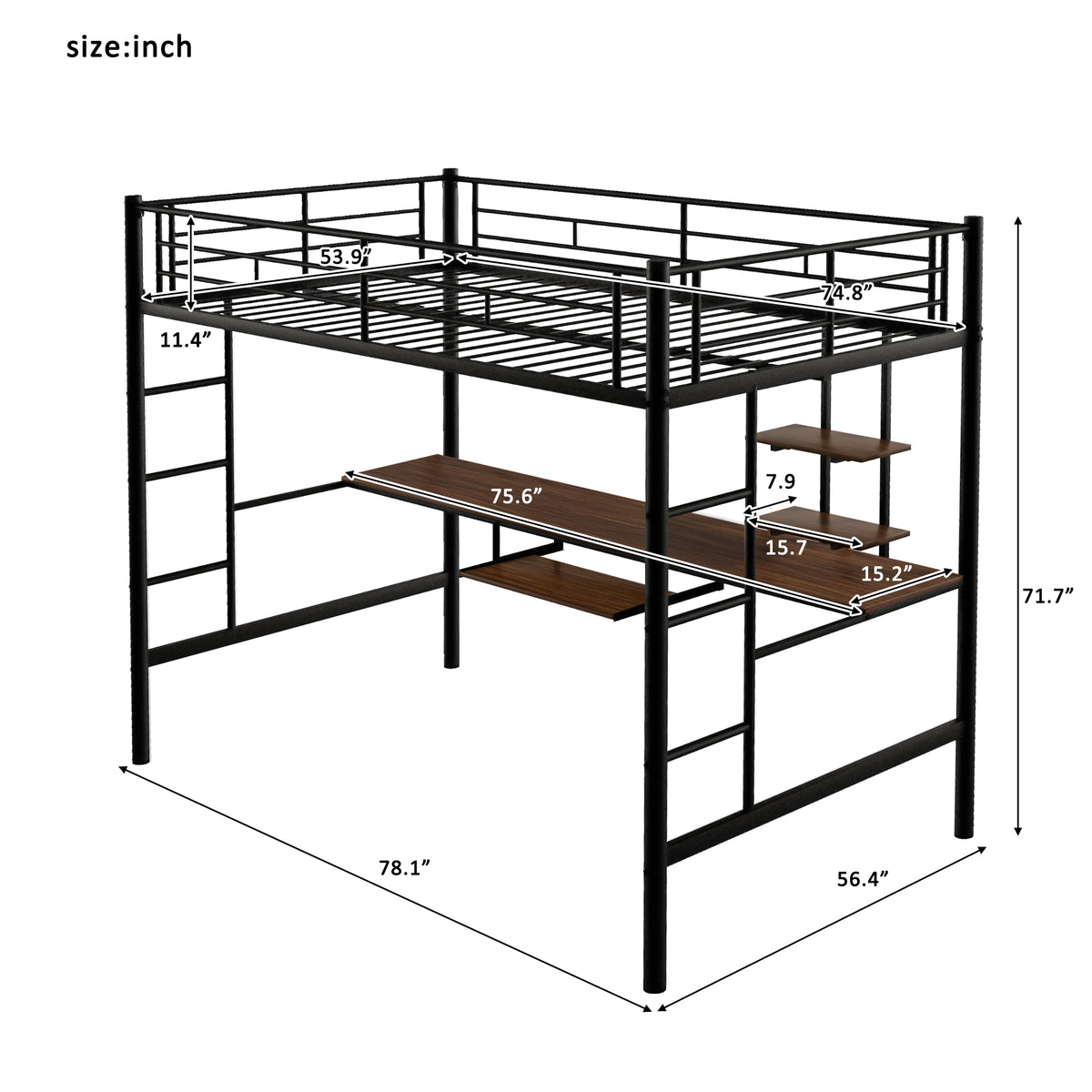 Loft Bed with Desk and Shelf Black