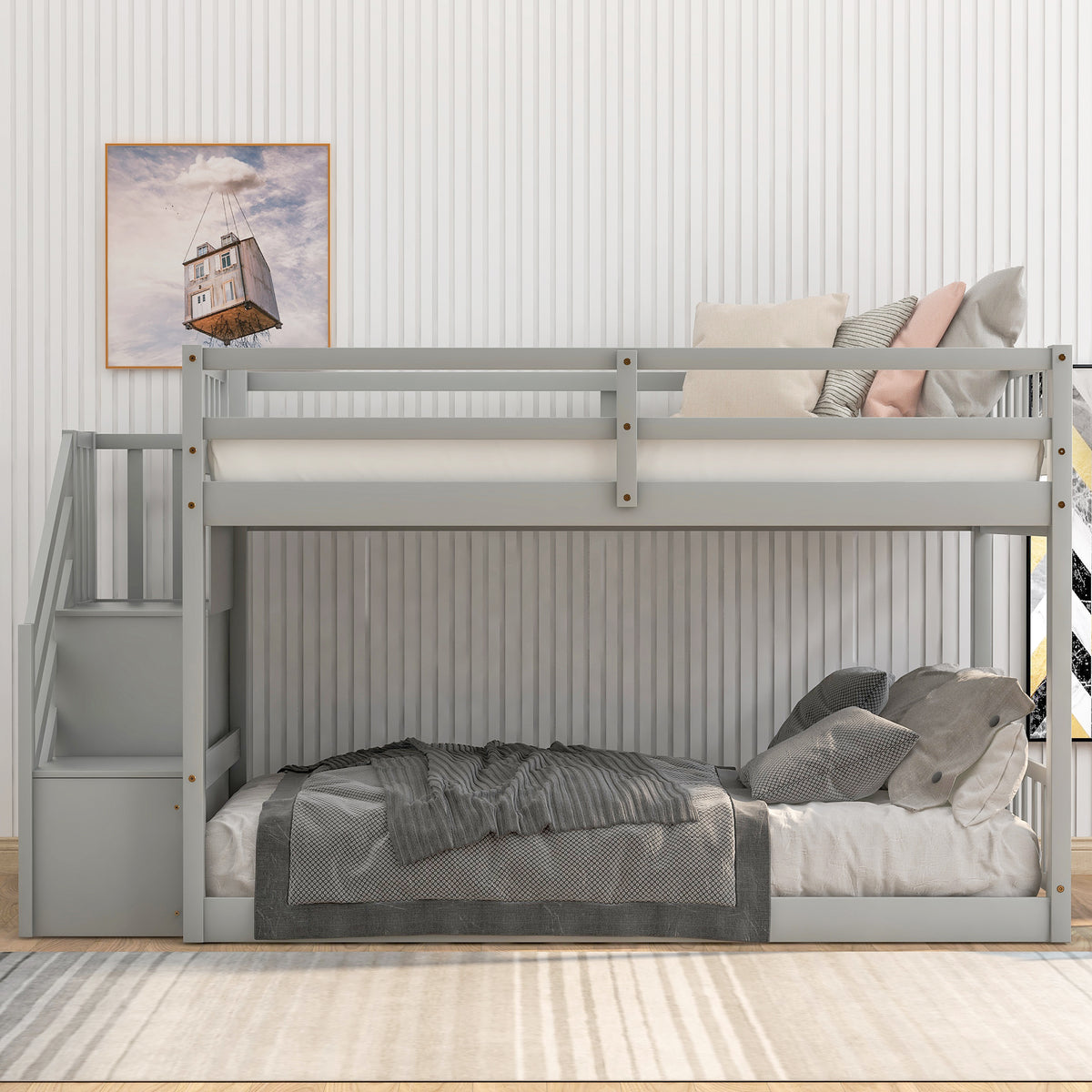 Twin Floor Bunk Bed with Ladder Gray