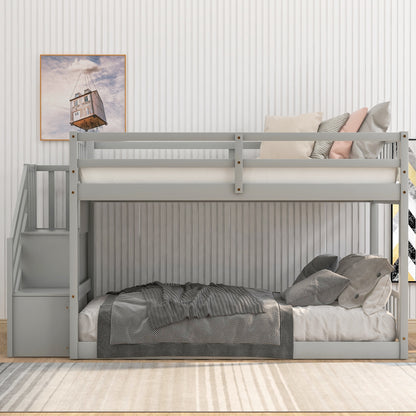 Twin Floor Bunk Bed with Ladder Gray