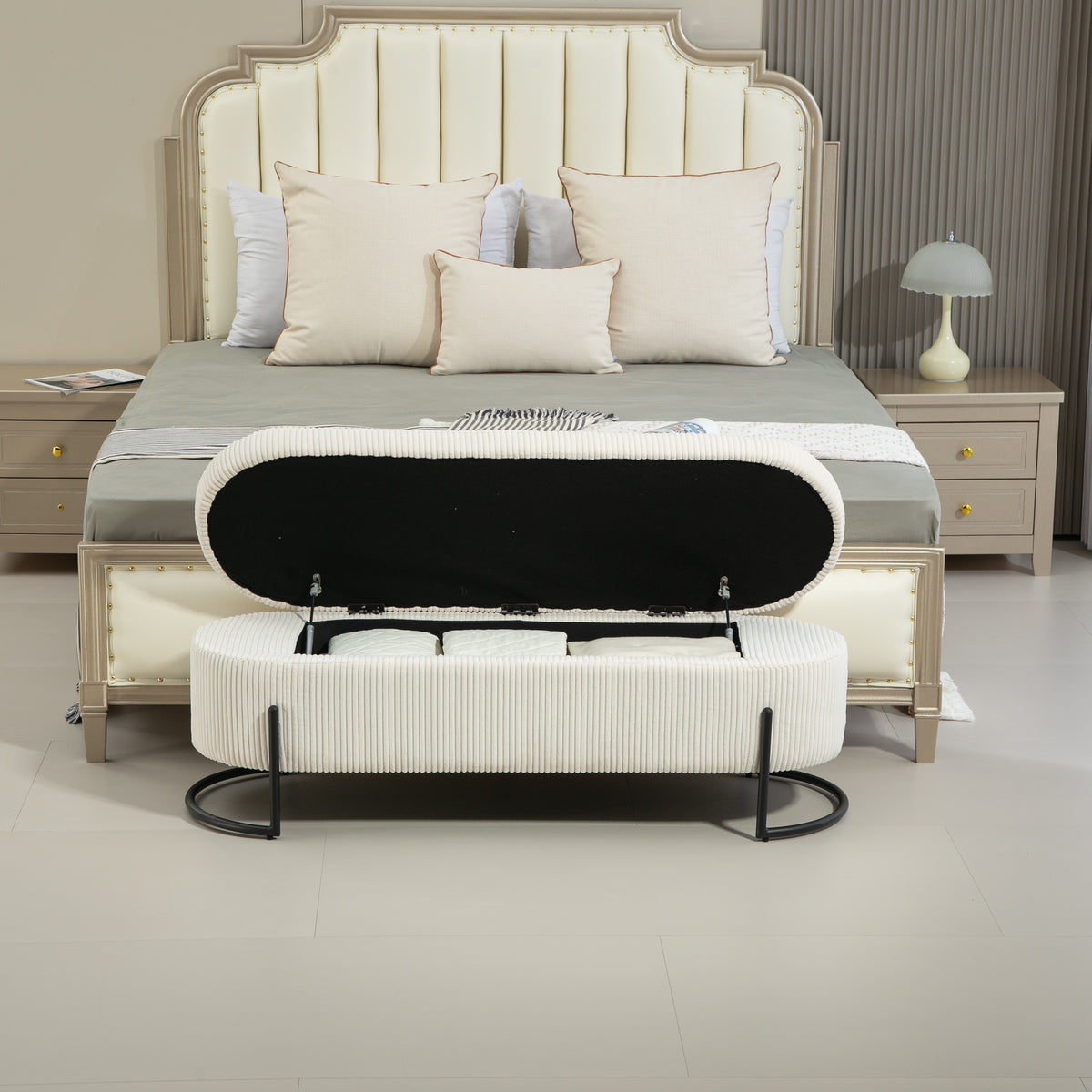 Storage Ottoman Stool – Beige Fabric