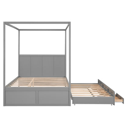 Queen Canopy Platform Bed with Drawers Gray