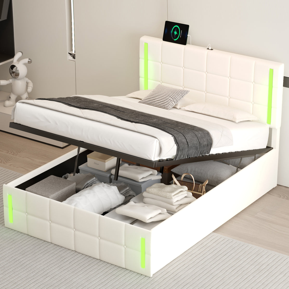 Full Hydraulic Storage Bed – White Finish