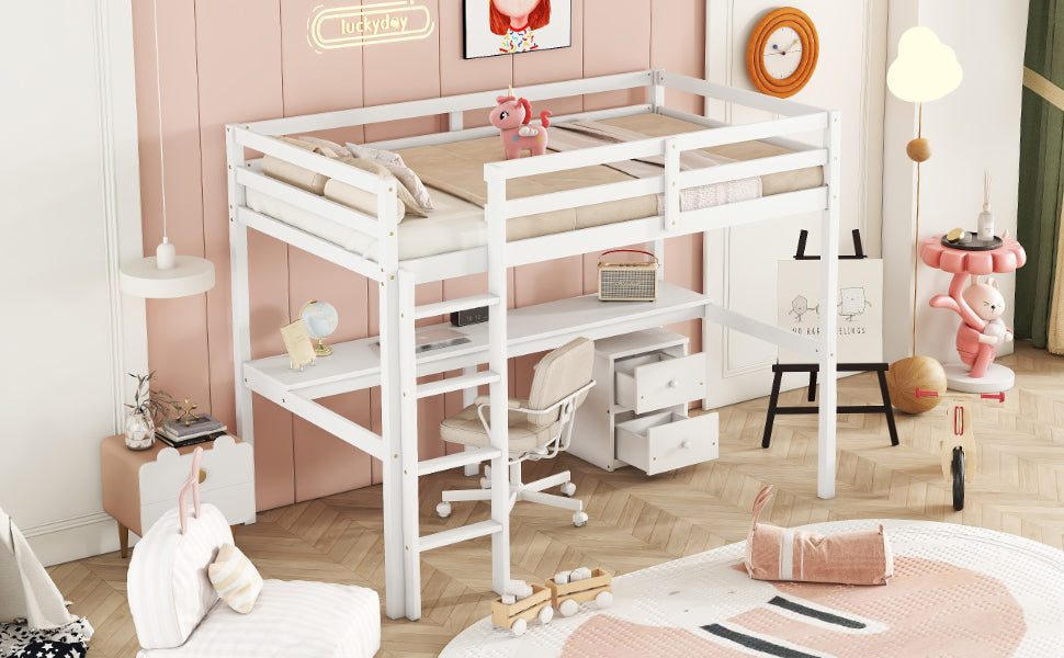 White Twin Loft Bed with Storage & Ladder