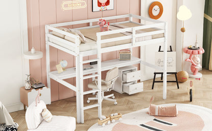 White Twin Loft Bed with Storage & Ladder