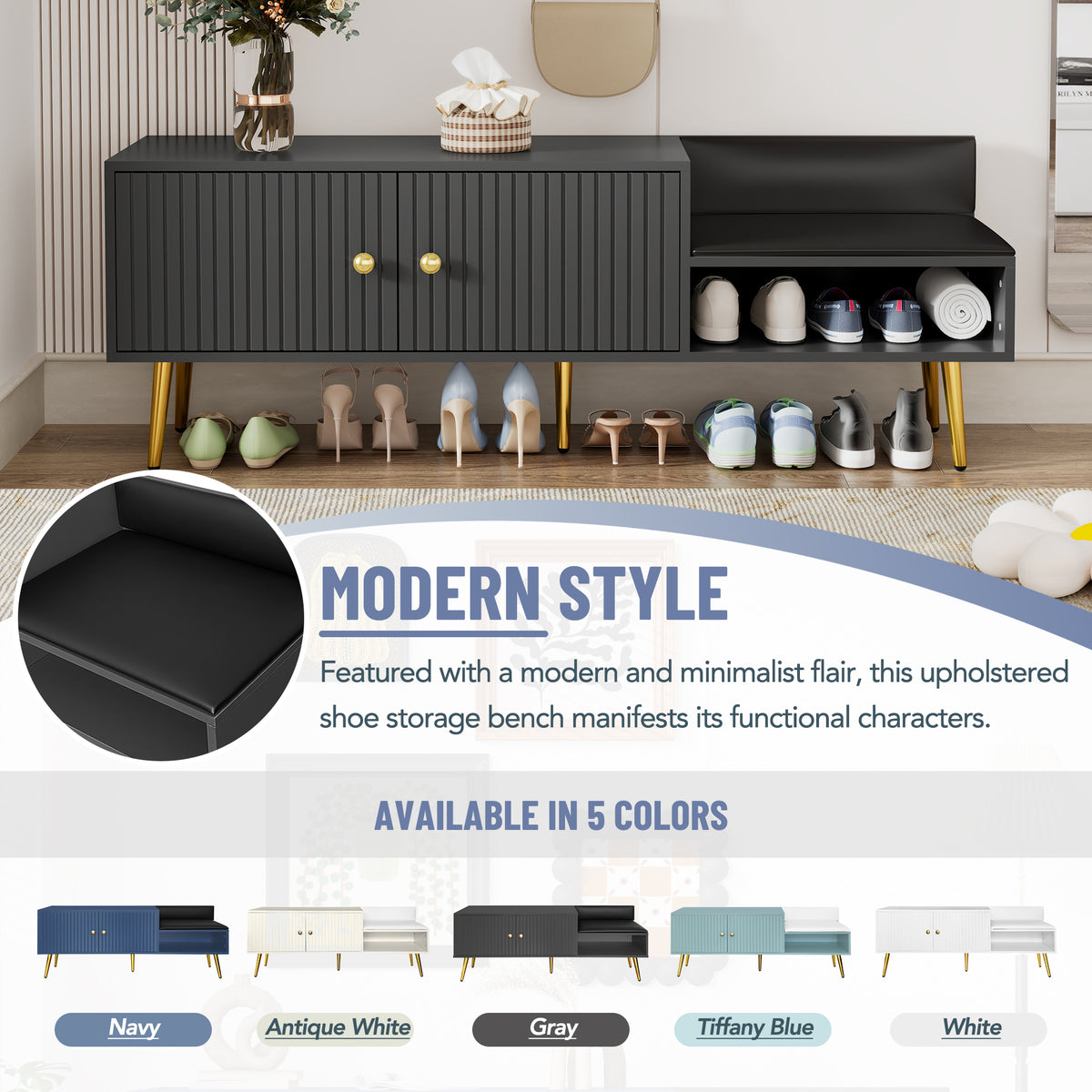 Modern Gray Shoe Storage Bench with Hidden Upholstered Seat
