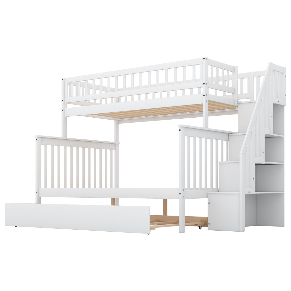 Twin Over Full Bunk Bed with Staircase White