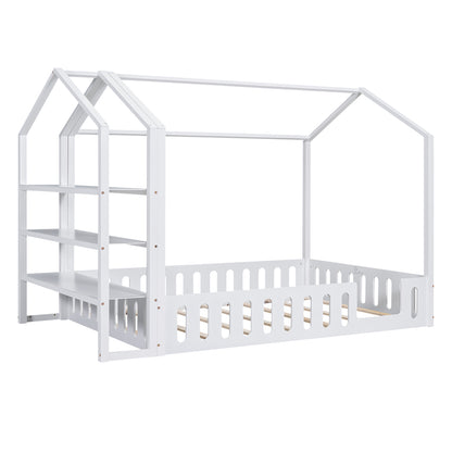 Full Platform Bed with Storage Shelves White