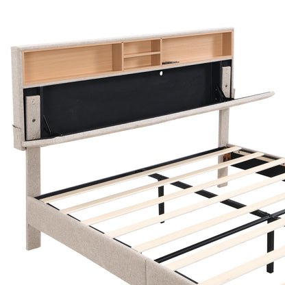 Queen Linen Platform Bed with Storage Beige