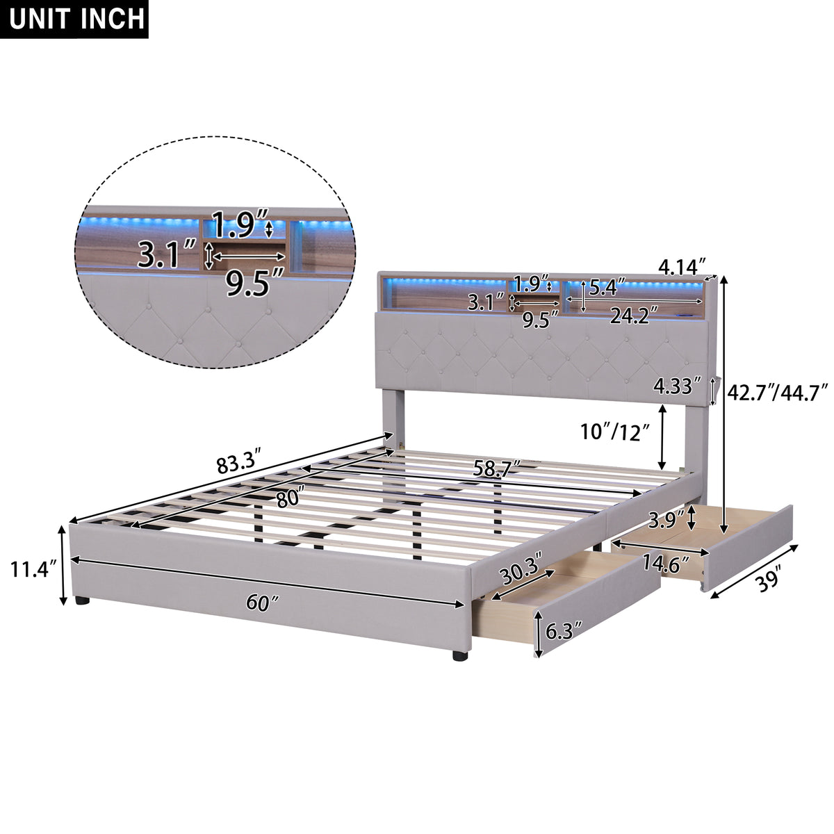 Queen LED Upholstered Storage Bed – Beige