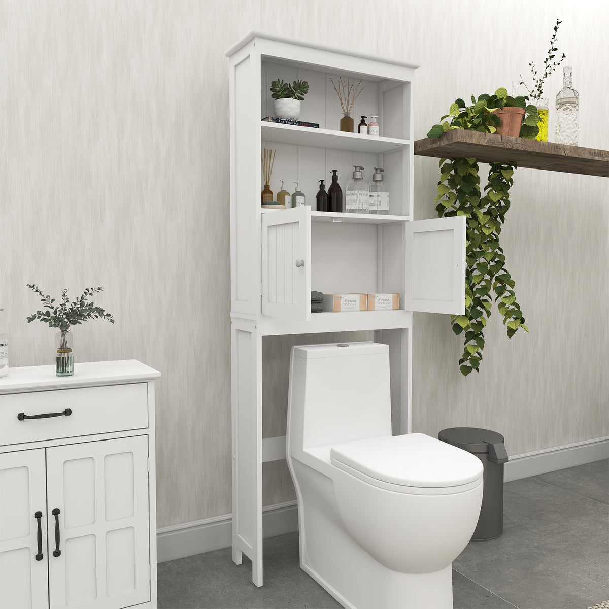 2-Tier Over-Toilet Storage Cabinet – Wood Finish Bathroom Spacesaver with 2 Doors