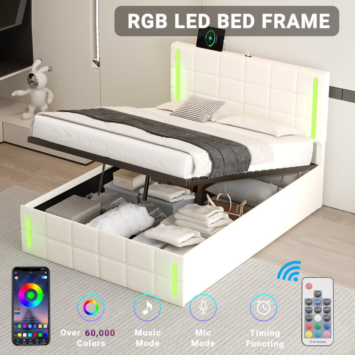 Full Hydraulic Storage Bed – White Finish