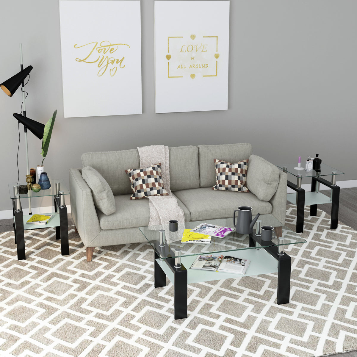 Glass Coffee Table Set (2 pcs) – Black Frame