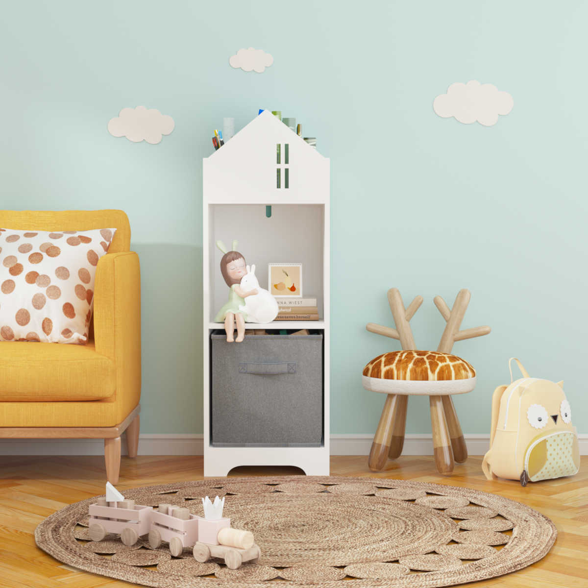 Two-Tier Storage Bookcase – White and Grey Playhouse Edition