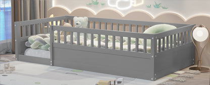 Gray Kids Floor Bed Frame with Fence